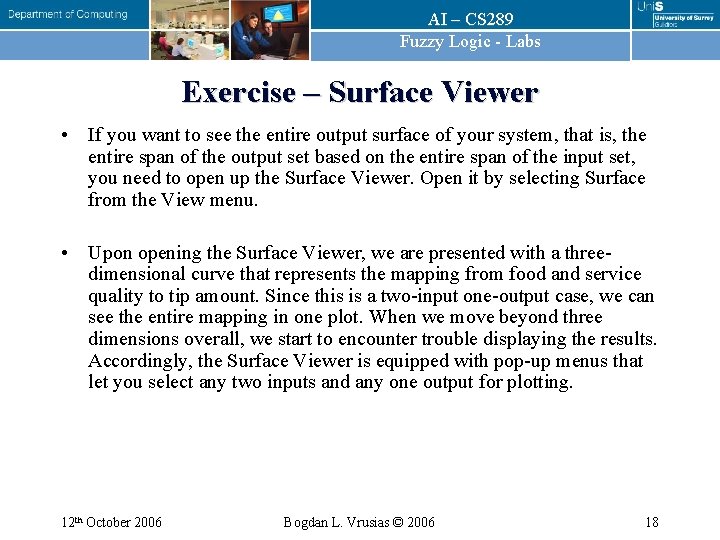AI – CS 289 Fuzzy Logic - Labs Exercise – Surface Viewer • If