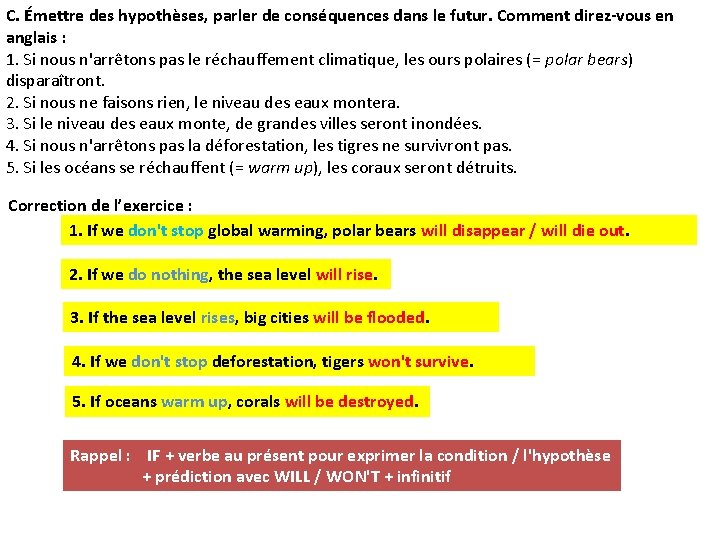 C. Émettre des hypothèses, parler de conséquences dans le futur. Comment direz-vous en anglais