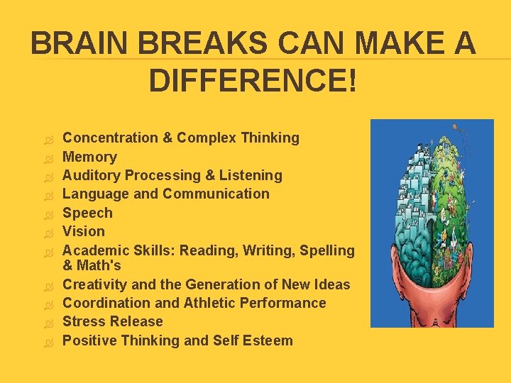 BRAIN BREAKS CAN MAKE A DIFFERENCE! Concentration & Complex Thinking Memory Auditory Processing &