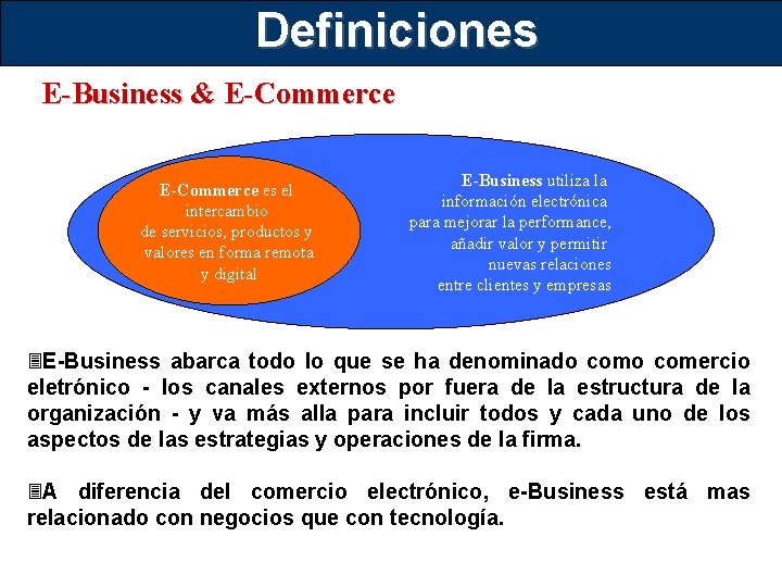 Definiciones E-Business & E-Commerce es el intercambio de servicios, productos y valores en forma