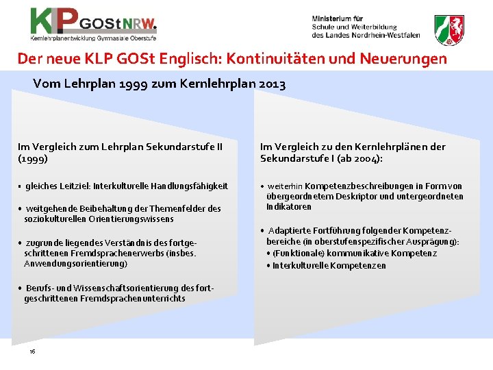 Der neue KLP GOSt Englisch: Kontinuitäten und Neuerungen Vom Lehrplan 1999 zum Kernlehrplan 2013
