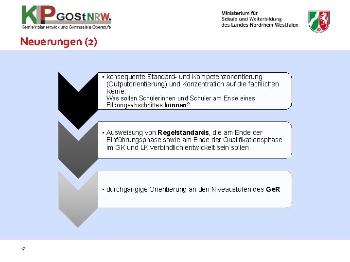 Neuerungen (2) • konsequente Standard- und Kompetenzorientierung (Outputorientierung) und Konzentration auf die fachlichen Kerne:
