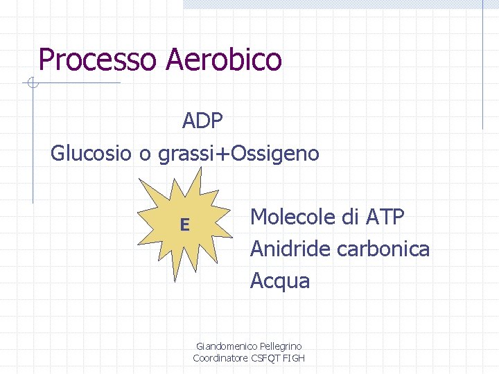 Processo Aerobico ADP Glucosio o grassi+Ossigeno E Molecole di ATP Anidride carbonica Acqua Giandomenico