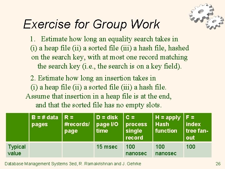 Exercise for Group Work 1. Estimate how long an equality search takes in (i)