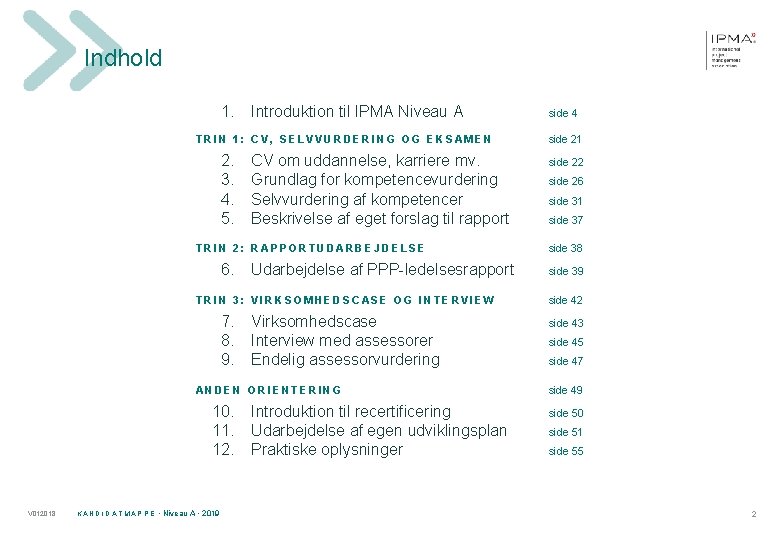 Indhold 1. Introduktion til IPMA Niveau A TRIN 1: CV, SELVVURDERING OG EKSAMEN 2.