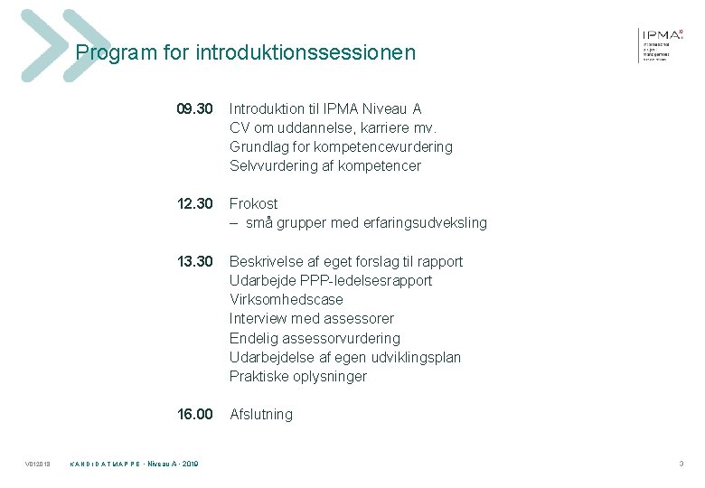 Program for introduktionssessionen 09. 30 Introduktion til IPMA Niveau A CV om uddannelse, karriere