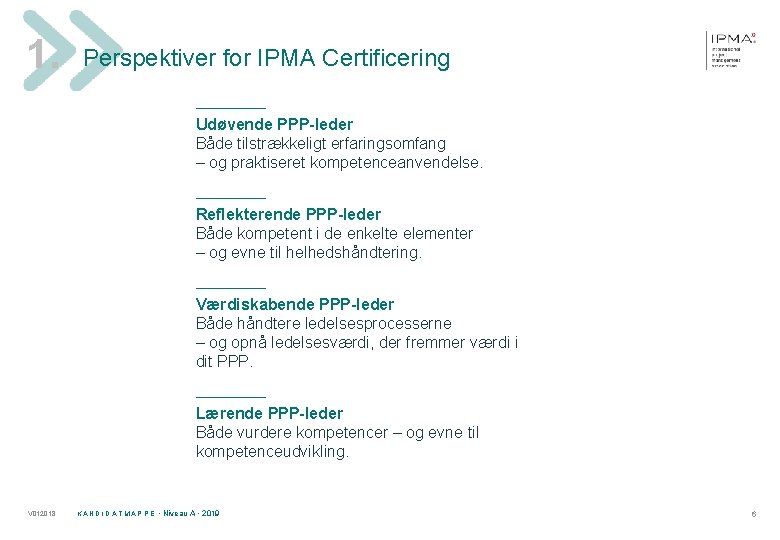 1. Perspektiver for IPMA Certificering ______ Udøvende PPP-leder Både tilstrækkeligt erfaringsomfang – og praktiseret