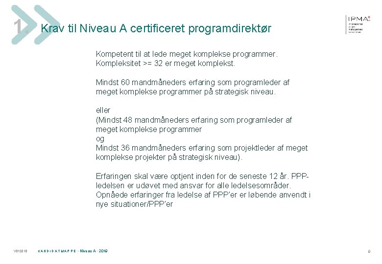 1. Krav til Niveau A certificeret programdirektør Kompetent til at lede meget komplekse programmer.