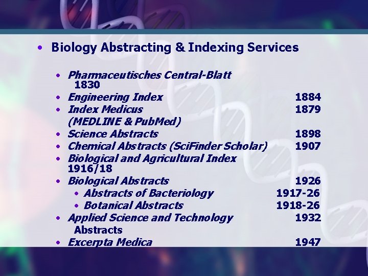  • Biology Abstracting & Indexing Services • Pharmaceutisches Central-Blatt 1830 • Engineering Index