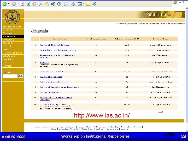 http: //www. ias. ac. in/ April 20, 2009 Workshop on Institutional Repositories 29 