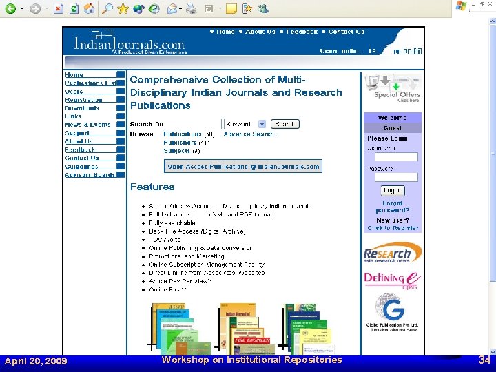 April 20, 2009 Workshop on Institutional Repositories 34 