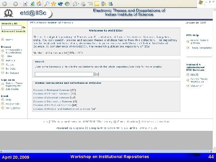 April 20, 2009 Workshop on Institutional Repositories 44 