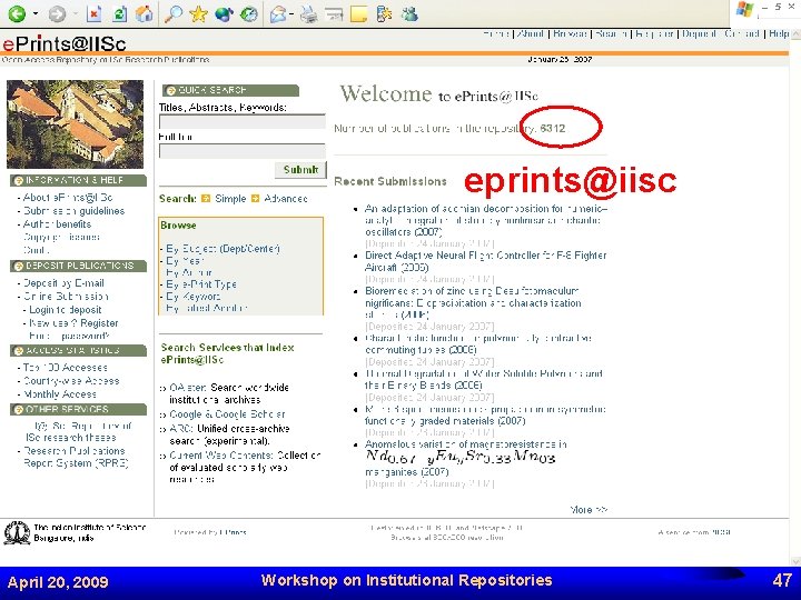 eprints@iisc April 20, 2009 Workshop on Institutional Repositories 47 