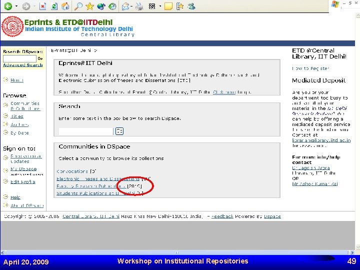 April 20, 2009 Workshop on Institutional Repositories 49 