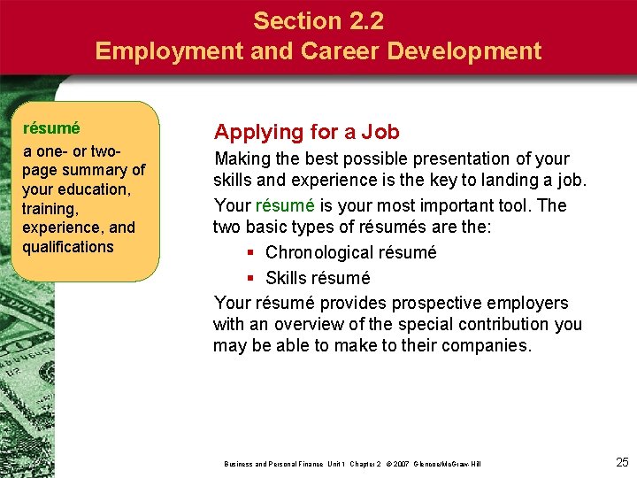 Section 2. 2 Employment and Career Development résumé a one- or twopage summary of