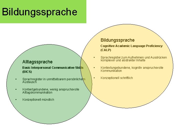 Bildungssprache Cognitive Academic Language Proficiency (CALP) • Sprachregister zum Aufnehmen und Ausdrücken komplexer und