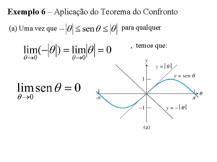 Exemplo 6 – Aplicação do Teorema do Confronto (a) Uma vez que para qualquer