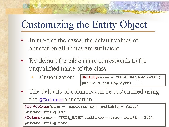 Customizing the Entity Object • In most of the cases, the default values of