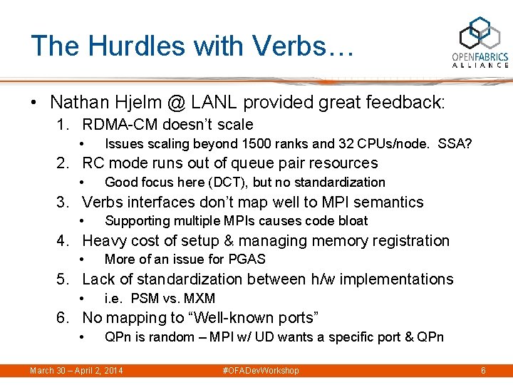 The Hurdles with Verbs… • Nathan Hjelm @ LANL provided great feedback: 1. RDMA-CM