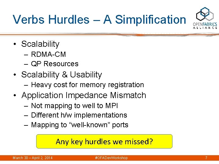 Verbs Hurdles – A Simplification • Scalability – RDMA-CM – QP Resources • Scalability