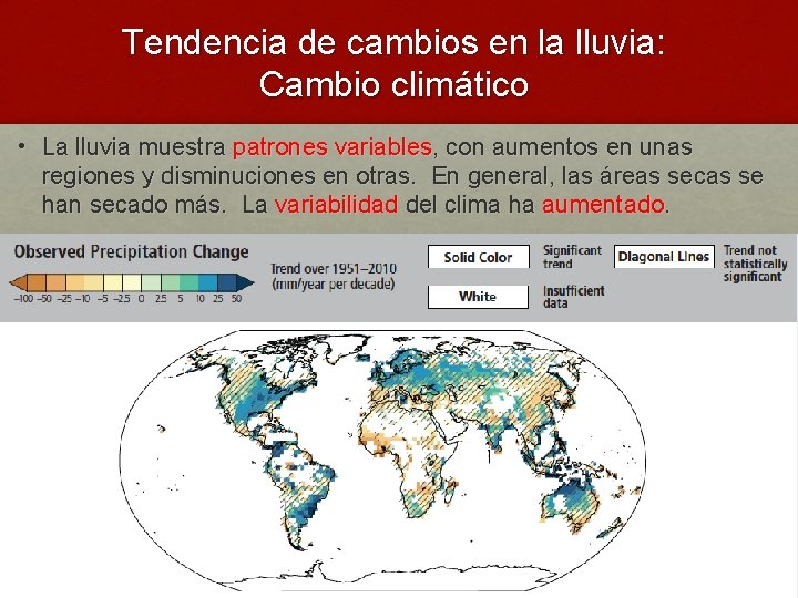 Tendencia de cambios en la lluvia: Cambio climático • La lluvia muestra patrones variables,