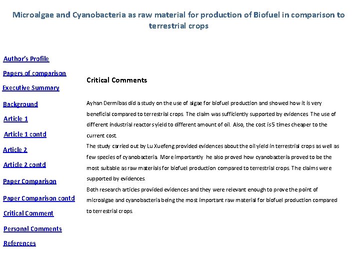 Microalgae and Cyanobacteria as raw material for production of Biofuel in comparison to terrestrial