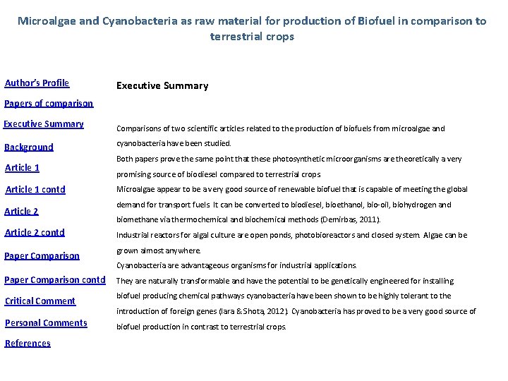 Microalgae and Cyanobacteria as raw material for production of Biofuel in comparison to terrestrial