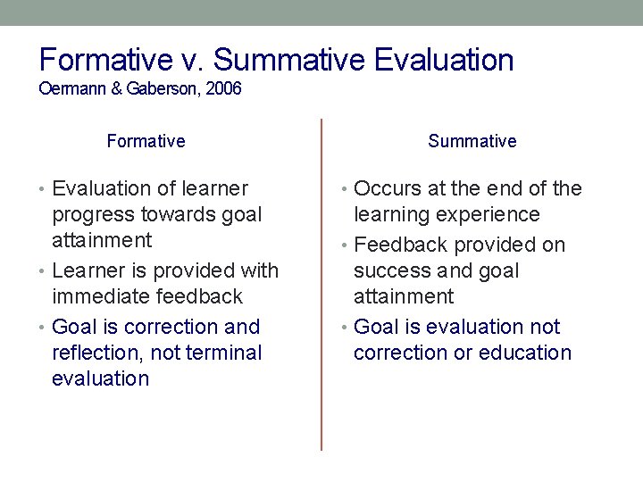 Formative v. Summative Evaluation Oermann & Gaberson, 2006 Formative Summative • Evaluation of learner