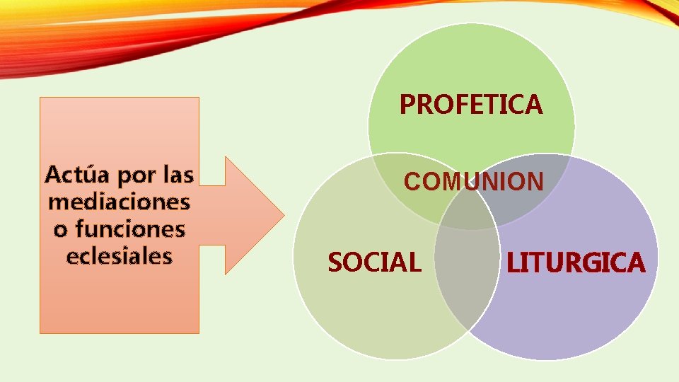 PROFETICA Actúa por las mediaciones o funciones eclesiales COMUNION SOCIAL LITURGICA 