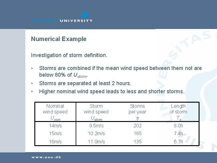 Numerical Example Investigation of storm definition. • Storms are combined if the mean wind