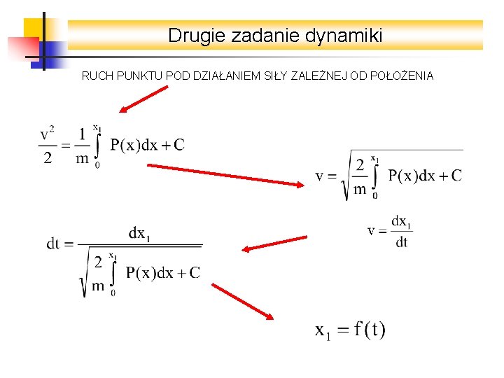 Drugie zadanie dynamiki RUCH PUNKTU POD DZIAŁANIEM SIŁY ZALEŻNEJ OD POŁOŻENIA 