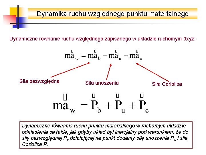 Dynamika ruchu względnego punktu materialnego Dynamiczne równanie ruchu względnego zapisanego w układzie ruchomym 0