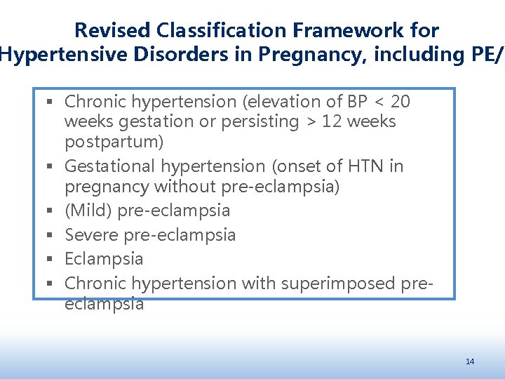 Revised Classification Framework for Hypertensive Disorders in Pregnancy, including PE/E § Chronic hypertension (elevation