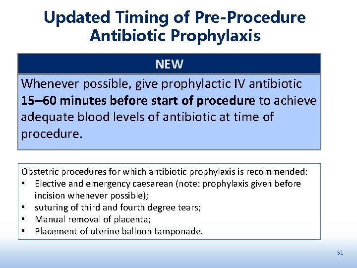 Updated Timing of Pre-Procedure Antibiotic Prophylaxis NEW Whenever possible, give prophylactic IV antibiotic 15‒