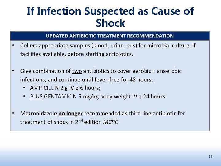 If Infection Suspected as Cause of Shock UPDATED ANTIBIOTIC TREATMENT RECOMMENDATION • Collect appropriate