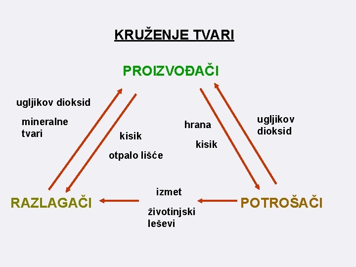 KRUŽENJE TVARI PROIZVOĐAČI ugljikov dioksid mineralne tvari hrana kisik ugljikov dioksid kisik otpalo lišće