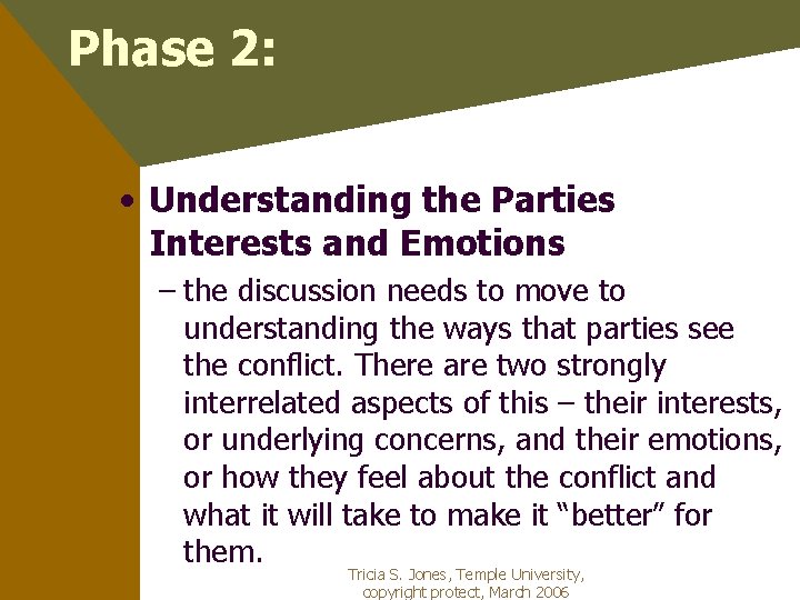 Phase 2: • Understanding the Parties Interests and Emotions – the discussion needs to