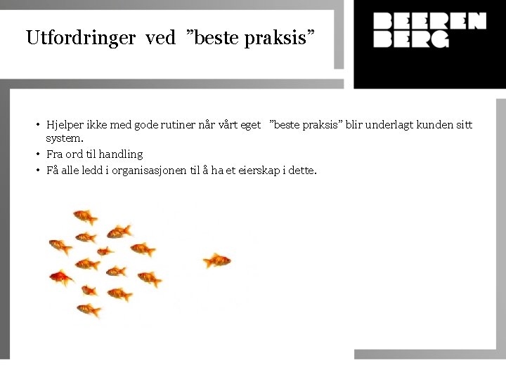 Utfordringer ved ”beste praksis” • Hjelper ikke med gode rutiner når vårt eget ”beste