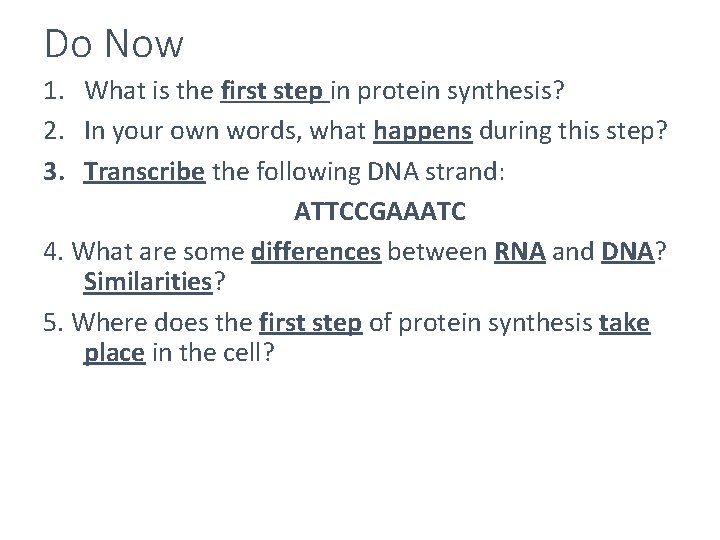 Do Now 1. What is the first step in protein synthesis? 2. In your