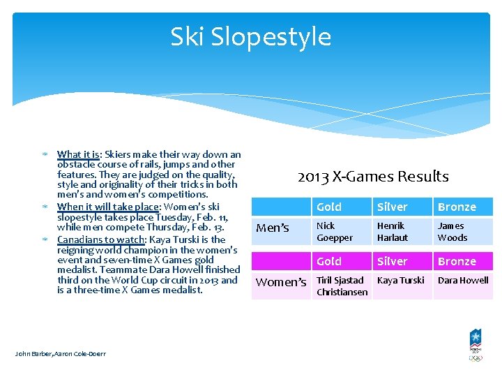 Ski Slopestyle What it is: Skiers make their way down an obstacle course of