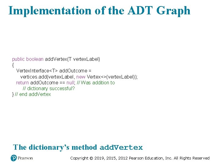 Implementation of the ADT Graph public boolean add. Vertex(T vertex. Label) { Vertex. Interface<T>