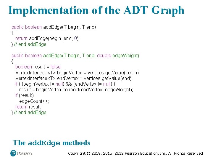 Implementation of the ADT Graph public boolean add. Edge(T begin, T end) { return
