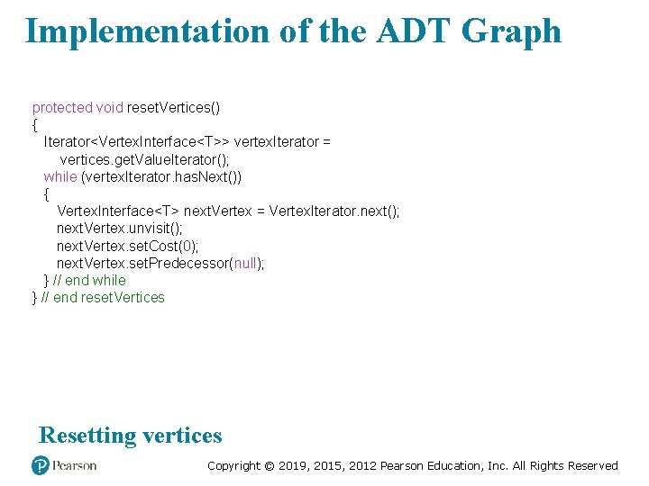 Implementation of the ADT Graph protected void reset. Vertices() { Iterator<Vertex. Interface<T>> vertex. Iterator