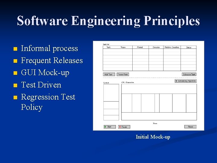 Software Engineering Principles n n n Informal process Frequent Releases GUI Mock-up Test Driven