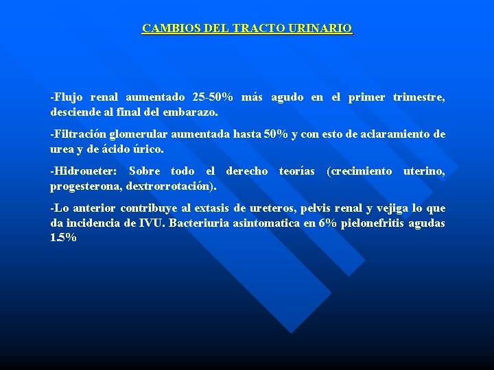 CAMBIOS DEL TRACTO URINARIO -Flujo renal aumentado 25 -50% más agudo en el primer