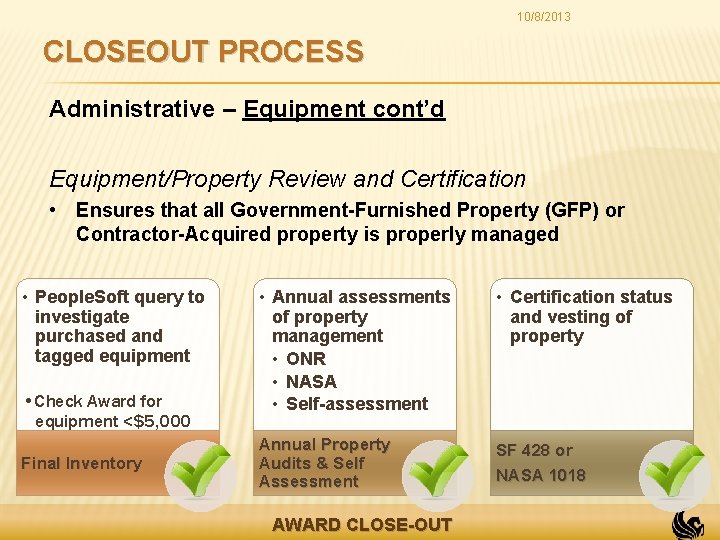 10/8/2013 CLOSEOUT PROCESS Administrative – Equipment cont’d Equipment/Property Review and Certification • Ensures that