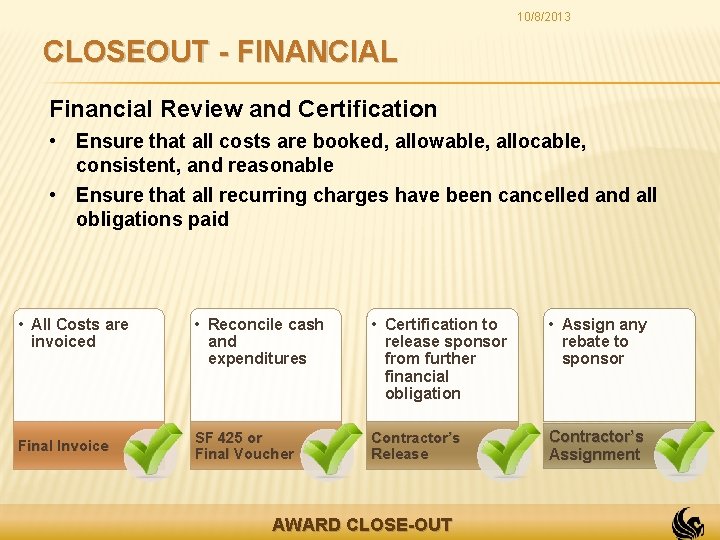 10/8/2013 CLOSEOUT - FINANCIAL Financial Review and Certification • Ensure that all costs are