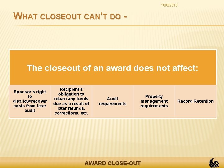 10/8/2013 WHAT CLOSEOUT CAN’T DO - The closeout of an award does not affect: