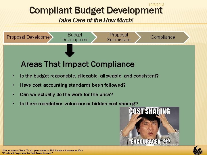 10/8/2013 Compliant Budget Development Take Care of the How Much! Proposal Development Budget Development