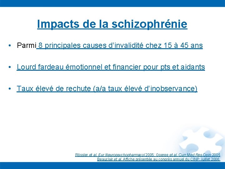  Impacts de la schizophrénie • Parmi 8 principales causes d’invalidité chez 15 à